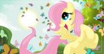  arthropod blue_eyes butterfly cloud clouds cute equine female fluttershy_(mlp) friendship_is_magic fur hair hair_over_eye horse insect killryde mammal my_little_pony open_mouth outside pegasus pink_hair pony smile solo tongue tree wings yellow_fur young 