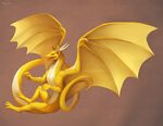  dragon dragon_wings falvie feral flying horn kicks long_tail looking_away looking_left male plain_background scalie solo spread_wings two_tone_skin wings yellow_body yellow_skin 