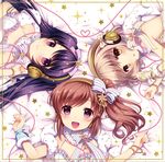  :d :o album_cover bare_shoulders bracelet brown_hair choker cover hair_ornament headphones jewelry long_hair looking_at_viewer lying multicolored multicolored_stripes multiple_girls on_back on_side open_mouth original ponytail purple_eyes purple_hair ribbon short_hair side_ponytail smile star striped striped_ribbon wasabi_(sekai) yellow_eyes 