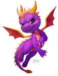  claws cub dragon falvie feral flying grey_claws horn looking_at_viewer nude orange_horn orange_horns pink_sclera plain_background purple_dragon purple_eyes purple_skin scalie smile smirk spyro spyro_the_dragon video_games white_background wings young 