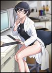  amagami areolae bad_id bad_pixiv_id black_hair breasts chair chart competition_swimsuit computer desk glasses labcoat large_breasts legs long_legs one-piece_swimsuit open_clothes osomatu-sama pen penlight sitting smile solo stethoscope swimsuit tsukahara_hibiki 