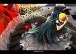  1girl bad_id bad_pixiv_id blonde_hair blood blood_stain bloody_clothes blue_hair braid dress feathers food from_behind fruit hatsune_miku himitsu_~kuro_no_chikai~_(vocaloid) impaled kagamine_len long_hair par. short_hair single_braid stabbed very_long_hair vocaloid 