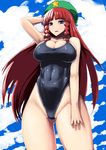  blue_eyes bow braid breasts cleavage cloud competition_swimsuit covered_navel day hair_bow hat highleg highleg_swimsuit hong_meiling ishimiso_(ishimura) large_breasts long_hair one-piece_swimsuit red_hair school_swimsuit sky solo star swimsuit touhou twin_braids 