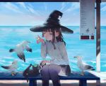  1girl bird black_cat black_hair black_legwear black_skirt blue_eyes braid camera cat cloud cowboy_shot day frog frog_on_head hat highres long_sleeves ocean original pleated_skirt seagull shrimp_cc sitting skirt sky solo thighhighs witch witch_hat 