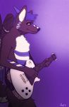  ambiguous_gender amit big_ears blue_hair canine chest_tuft fur guitar hair horn mammal nude plain_background purple_background sketch tuft wings yellow_eyes 