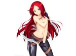  aqua_eyes atomix breasts gloves katarina league_of_legends long_hair navel no_bra red_hair sword topless watermark weapon white 