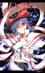  absurdres artist_name bow capelet electricity hat hat_bow highres letterboxed minagokoro nagae_iku navel purple_hair red_eyes shawl short_hair smile solo touhou 