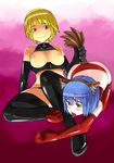  2girls animal_ears bdsm blonde_hair blue_hair blush breasts breasts_outside elbow_gloves female femdom gloves green_eyes ha-chan highres multiple_girls nipples pet_play red_eyes short_hair tail thighhighs tongue tongue_out yuri 