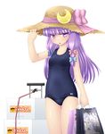  1girl bag crescent female hat highres iganseijin long_hair patchouli_knowledge purple_eyes purple_hair swimsuit touhou 