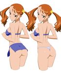  1girl anjou_naruko ano_hi_mita_hana_no_namae_wo_bokutachi_wa_mada_shiranai ano_hi_mita_hana_no_namae_wo_bokutachi_wa_mada_shiranai. ass blue_bra blue_thong bra breasts brown_eyes brown_hair frown long_hair looking_back nadeara_bukichi panties solo thong twintails underwear 