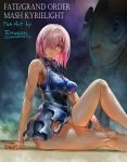  1girl armor armored_dress artist_name bare_shoulders bodysuit breasts closed_mouth commentary_request emuson fate/grand_order fate_(series) faulds hair_over_one_eye hand_on_own_leg highres looking_at_viewer mash_kyrielight pink_hair purple_eyes shield short_hair sitting sleeveless smile thighs 