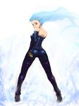  alternate_costume ass back bare_shoulders belt blue_hair breasts detached_sleeves gloves highres johan_(johan13) kula_diamond leather leather_pants long_hair looking_back medium_breasts pants red_eyes shiny shiny_clothes solo the_king_of_fighters thighhighs wind 