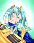  aqua_hair bare_shoulders blonde_hair blush breasts cleavage collarbone etwahl gradient_hair highres instrument large_breasts league_of_legends long_hair low_neckline multicolored_hair neneru smile solo sona_buvelle twintails very_long_hair yellow_eyes 