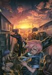  6+boys blonde_hair blood blue_hair bullet cigarette copyright_request corpse death glasses green_eyes gun highres lips looking_back maid multiple_boys multiple_girls pink_hair rifle saejin_oh squatting sunset weapon 