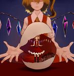  bad_id bad_pixiv_id blonde_hair blood c-button flandre_scarlet grin highres knife long_hair open_hand side_ponytail skirt skirt_set skull smile solo touhou wings 