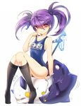  aisha_(elsword) angkor_(elsword) bad_id bad_pixiv_id black_legwear creature elsword goggles grin highres kneehighs korean long_hair one-piece_swimsuit poseich purple_eyes purple_hair school_swimsuit shiny shiny_clothes short_hair sitting sitting_on_person smile smug socks solo staff swimsuit tiptoes twintails void_princess_(elsword) white_background 