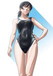  amagami bad_id bad_pixiv_id black_hair brown_eyes competition_swimsuit covered_navel from_below hand_on_hip looking_at_viewer one-piece_swimsuit osomatu-sama simple_background solo swimsuit tsukahara_hibiki 
