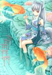  animal_ears bad_id bad_pixiv_id bare_legs barefoot coral detached_sleeves fish fox_ears fox_tail hair_tubes japanese_clothes kimono koi long_hair looking_at_viewer obi original red_eyes sash short_kimono sidelocks silver_hair sitting sleeveless sleeveless_kimono soaking_feet surreal tail torii water waterfall youkuzuri 