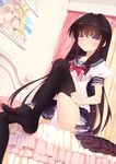  2013 adjusting_clothes adjusting_legwear bed bikini black_hair black_legwear blush calendar_(object) cameltoe feet highres january legs long_legs looking_at_viewer mvv original panties pink_panties purple_eyes school_uniform sitting solo swimsuit thighhighs thighs underwear 