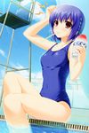 absurdres alpha_(yukai_na_nakamatachi) blue_hair braid brain_freeze brown_eyes caustics chain-link_fence cloud covered_navel day drain_(object) fence frown hair_ribbon highres legs lifeguard_chair mouth_hold one-piece_swimsuit oone_touka outdoors pool poolside ribbon school_swimsuit sharin_no_kuni_himawari_no_shoujo shaved_ice short_hair sitting sky soaking_feet spoon spoon_in_mouth swimsuit water wavy_mouth 