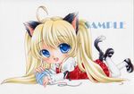  ahoge animal_ears ball blonde_hair blue_eyes cat_ears cat_tail dress long_hair looking_at_viewer lying marker_(medium) mary_janes mocomoco_party on_stomach original sample shoes simple_background tail traditional_media twintails white_legwear yarn yarn_ball 