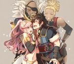  2girls :o bald bare_shoulders basilio blonde_hair bridal_gauntlets closed_eyes couple dark_skin eyepatch fingerless_gloves fire_emblem fire_emblem:_kakusei flavia_(fire_emblem) fur_trim gloves highres kitte_(hujikoru) long_hair midriff multiple_boys multiple_girls olivia_(fire_emblem) pink_eyes pink_hair ronku short_hair smile sparkle surprised sweatdrop 