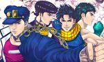  aqua_hair bad_id bad_pixiv_id battle_tendency black_hair blue_eyes blue_hair chain diamond_wa_kudakenai family father_and_son fingerless_gloves gakuran gloves grandfather_and_grandson hat higashikata_jousuke jojo_no_kimyou_na_bouken jonathan_joestar joseph_joestar_(young) kuujou_joutarou male_focus multiple_boys phantom_blood pointing pompadour purple_hair scar school_uniform stardust_crusaders tsun uncle_and_nephew 