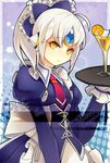  alternate_costume bad_id bad_pixiv_id blue_background corset dress elsword enmaided eve_(elsword) expressionless glass gradient gradient_background juliet_sleeves long_hair long_sleeves maid necktie ponytail puffy_sleeves purple_background solo tray vilor white_hair yellow_eyes 
