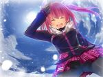  chig closed_eyes from_below hair_ribbon jacket looking_at_viewer mittens open_mouth pantyhose red_hair ribbon salute solo twintails umi_monogatari urin_(umi_monogatari) 