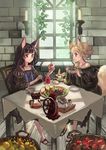  animal_ears apple bare_shoulders basket black_hair blonde_hair braid candle coffee coffee_pot cup food fox fox_ears fox_tail fruit jam long_hair multiple_girls okishiji_en orange original sandals short_hair side_braid spoon table tail window 