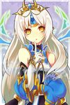  blue_sleeves detached_sleeves elsword eve_(elsword) finger_to_mouth forehead_jewel gloves long_hair solo tiara vilor white_hair yellow_eyes 
