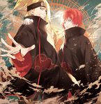  akatsuki_(naruto) akatsuki_uniform blonde_hair coat deidara forehead_protector grin hair_over_one_eye jewelry long_hair looking_at_viewer male_focus multiple_boys naruto naruto_(series) naruto_shippuuden outstretched_arm ponytail red_hair ring sasori smile tomekichi tongue 