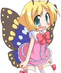  :d ahoge antennae aqua_eyes bare_arms blonde_hair blush bow bowtie bug butterfly butterfly_wings cowboy_shot dress flat_chest frilled_dress frills geetsu insect looking_at_viewer oekaki open_mouth red_bow shimon shimotsuma short_dress short_hair simple_background sleeveless sleeveless_dress smile solo thighhighs white_background white_legwear wings zettai_ryouiki 