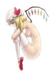  blonde_hair blush breasts fetal_position flandre_scarlet full_body hat hat_ribbon igau mary_janes medium_breasts nude plantar_flexion profile red_eyes ribbon ribs shoes side_ponytail simple_background solo thighhighs touhou white_background wings 