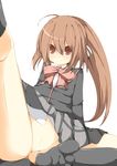  absurdres blush bow brown_eyes brown_hair highres little_busters! long_hair natsume_rin no_panties pink_bow pussy solo tabuchi_(tabuchisanchi) uncensored 