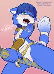  2018 anthro areola armor blue_hair blush breasts canine clothing eyelashes female fox green_eyes grinding hair krystal loincloth mammal nintendo nipples one_eye_closed open_mouth pussy simple_background solo staff star_fox tailband the_other_half unconvincing_armor url video_games 