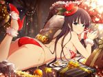  1girl ass bikini black_hair blue_eyes box breasts christmas christmas_tree closed_mouth fur-trimmed_bikini fur_trim gift gift_box hat high_heels ikaruga_(senran_kagura) large_breasts long_hair looking_at_viewer lying nail_polish official_art on_bed on_stomach pillow pumps red_bikini red_footwear santa_bikini senran_kagura senran_kagura_new_link shoes sideboob smile solo stiletto_heels swimsuit very_long_hair yaegashi_nan 