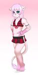  clothed clothing crossdressing dericreations feline fish_lips fishnet girly hair hands_on_hips lion male mammal midriff navel pink_hair skimpy skirt solo standing 
