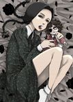  addams_family bed_sheet black_hair braid child doll dress eyeball feathers licking no_shoes socks solo tongue tongue_out twin_braids wednesday_addams yanagida_fumita 