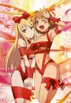  2girls absurdres barefoot blonde_hair blush blush_stickers breasts brown_eyes brown_hair cleavage feet fujii_masahiro hair_ribbon highres kamiigusa_misaki long_hair multiple_girls naked_ribbon nyantype official_art open_mouth red_eyes ribbon sakura-sou_no_pet_na_kanojo shiina_mashiro toes v very_long_hair wink 