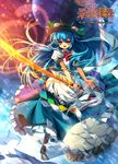 blue_hair boots bow capura_lin food fruit hat hinanawi_tenshi long_hair looking_at_viewer lowres ofuda open_mouth orange_eyes peach puffy_sleeves shirt short_sleeves skirt smile solo stone sword_of_hisou touhou very_long_hair 