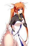  blue_eyes blush breast_grab breasts brown_hair dress dress_lift fingerless_gloves fingernails gloves grabbing hair_ribbon highres lace-trimmed_panties large_breasts long_fingernails long_hair lyrical_nanoha mahou_shoujo_lyrical_nanoha mahou_shoujo_lyrical_nanoha_strikers nail orange_hair panties pinky_out ribbon sakura_yuu smile solo takamachi_nanoha thighs turtleneck twintails underwear very_long_hair 