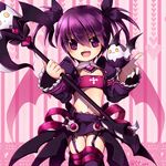  aisha_(elsword) angkor_(elsword) bandeau creature di-ort elsword heart heart_background holding holding_wand midriff miniskirt navel pink_background purple purple_eyes purple_hair purple_legwear purple_skirt purple_sleeves short_hair skirt smile solo staff striped striped_background thigh_strap thighhighs twintails void_princess_(elsword) wand 