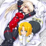  arms_behind_head arnval ass bangs bed_sheet blonde_hair blush bodysuit breast_press breasts busou_shinki chin_rest covered_navel crossed_legs dd_(ijigendd) doll_joints dual_persona from_above gloves hair_ribbon high_ponytail legs_up light_smile long_hair looking_at_viewer looking_away lying multiple_girls on_back on_stomach parted_bangs ponytail red_eyes ribbon shiny short_hair smile white_hair 
