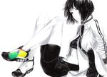  bike_shorts black_hair jacket legs monochrome navel open_clothes open_jacket open_mouth original shoes short_hair shorts simple_background sitting sleeves_pushed_up sneakers solo sousou_(sousouworks) sports_bra spot_color white_background 