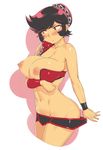  armlet armor benten bikini_armor black_hair blush breasts bursting_breasts groin large_breasts navel nipples oohara_kyuutarou panties panty_pull red_eyes short_hair skirt solo underwear urusei_yatsura wide_hips 