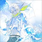  bad_id bad_pixiv_id bubble clear_(dramatical_murder) dramatical_murder male_focus midriff one_eye_closed red_eyes solo tekla umbrella water white_hair 