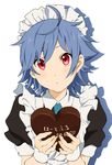  1boy blue_hair chocolate chocolate_heart crossdressing hatoful_kareshi heart k-on! kawara_ryouta maid maid_headdress parody red_eyes solo style_parody trap 