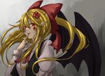  bat_wings blonde_hair bow elis_(touhou) fang hair_bow hair_ornament kuronuko_neero long_hair long_sleeves open_mouth pointy_ears puffy_sleeves red_eyes ribbon solo star touhou touhou_(pc-98) wings 