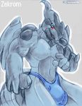  anthro biceps blue_eyes blyzzarde bulge clothed clothing dragon half-dressed legendary_pok&#233;mon male muscles nintendo pecs pok&#233;mon pok&#233;morph pok&eacute;mon pose red_eyes scales scalie solo topless video_games wings zekrom 